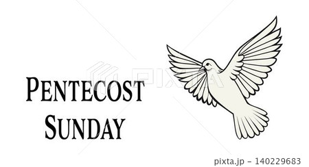 Illustration of a white dove with spread wings symbolizing the Holy Spirit, accompanied by the text Pentecost Sunday. Ideal for church events, religious posters, or Pentecost celebrations 140229683