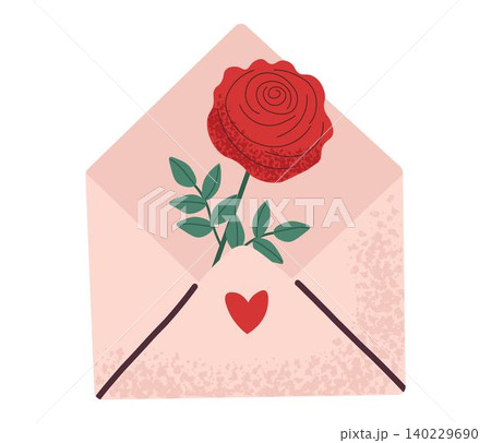 Love letter. Envelope with rose. Simple card for Valentine's Day. Message in love concept Love letter. Envelope with rose. Simple card for Valentine's Day. Message in love concept 140229690