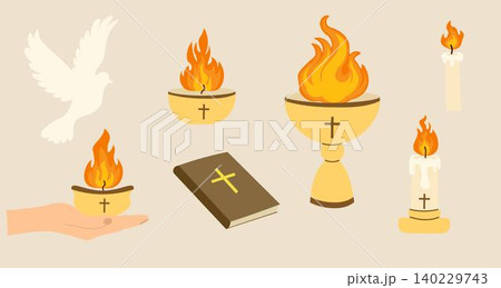 Pentecost Sunday elements dove of peace, flames of the Holy Spirit, Bible, burning candles, chalice, and open hand. Perfect for church invitations or holiday graphics 140229743