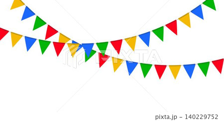 Red, green, yellow and blue flag garland. Triangle pennants chain. Festa Junina party decoration. Celebration flags for decor Red, green, yellow and blue flag garland. Triangle pennants chain. Festa Junina party decoration. Celebration flags for decor 140229752