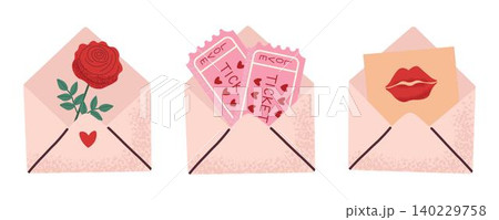 Romantic elements set. Envelopes with ticket, rose and kiss notification. Message in love concep Romantic elements set. Envelopes with ticket, rose and kiss notification. Message in love concep 140229758