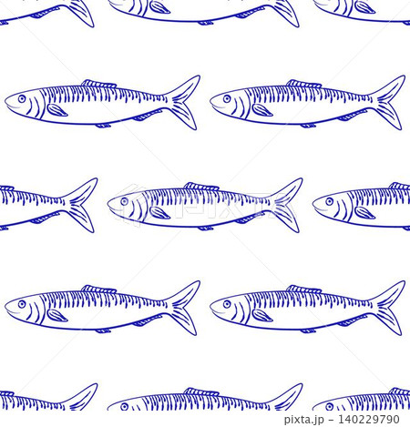 Seamless pattern with hand drawn sardine fish in blue. Ideal for seafood packaging, kitchen textiles, restaurant branding, wrapping paper, or retro nautical-themed designs Seamless pattern with hand drawn sardine fish in blue. Ideal for seafood packaging, kitchen textiles, restaurant branding, wrapping paper, or retro nautical-themed designs 140229790