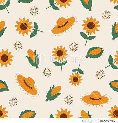 Seamless pattern with sunflowers, corn cobs, straw hats and festive fireworks. A cheerful rural-themed design for autumn festivals, harvest celebrations or farm-style packaging Seamless pattern with sunflowers, corn cobs, straw hats and festive fireworks. A cheerful rural-themed design for autumn festivals, harvest celebrations or farm-style packaging 140229795