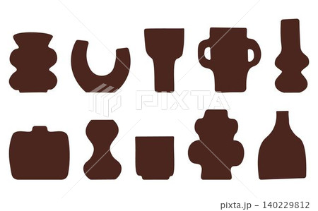 Set of abstract vase silhouettes in brown. Various modern, geometric pottery designs. Cozy home decor handmade boho Set of abstract vase silhouettes in brown. Various modern, geometric pottery designs. Cozy home decor handmade boho 140229812