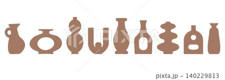 Set of abstract vase silhouettes in brown. Various modern, geometric pottery designs. Cozy home decor handmade boho Set of abstract vase silhouettes in brown. Various modern, geometric pottery designs. Cozy home decor handmade boho 140229813