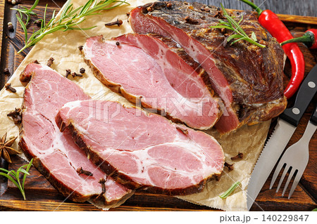 Thick Slices Of Smoked Pork Neck On Paper Thick Slices Of Smoked Pork Neck On Paper 140229847