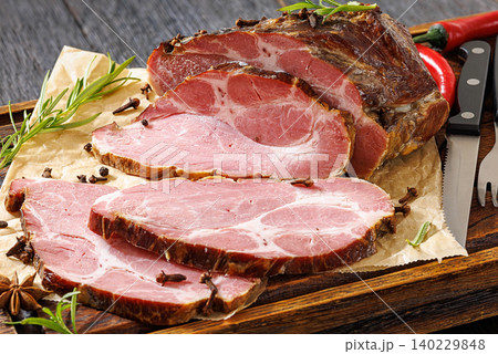 Thick Slices Of Smoked Pork Neck , top vew Thick Slices Of Smoked Pork Neck , top vew 140229848