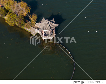Aerial View of Traditional Pavilion on Erhai Lake in Dali, Yunnan, China 140229932