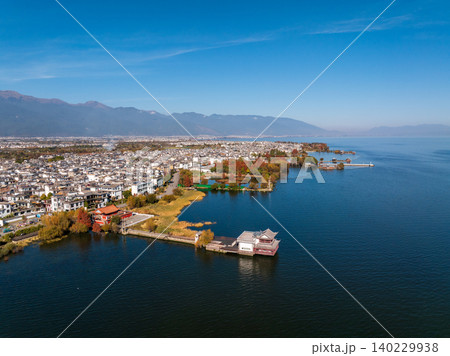 Aerial View of Dali, China with Erhai Lake and Autumn Foliage Aerial View of Dali, China with Erhai Lake and Autumn Foliage 140229938