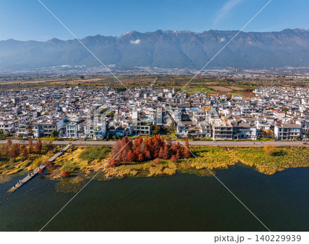 Aerial View of Dali, Yunnan with Erhai Lake and Mountains in Background Aerial View of Dali, Yunnan with Erhai Lake and Mountains in Background 140229939