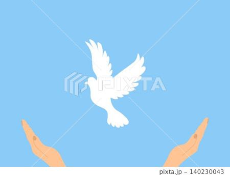 Two hands reaching up to a white dove, a manifestation of the Holy Spirit on a blue background. Concept of hope, a sign of freedom and independence Two hands reaching up to a white dove, a manifestation of the Holy Spirit on a blue background. Concept of hope, a sign of freedom and independence 140230043