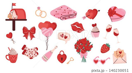 A collection of romantic Valentine's Day love symbols. Cute hearts, roses, gifts, balloons, chocolates, wine glasses, and other love-themed objects A collection of romantic Valentine's Day love symbols. Cute hearts, roses, gifts, balloons, chocolates, wine glasses, and other love-themed objects 140230051