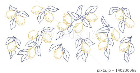 Set of hand-drawn lemon branches in minimal line art style. Perfect for modern aesthetics, botanical designs, kitchen decor, packaging, fabric patterns, summer-themed projects 140230068