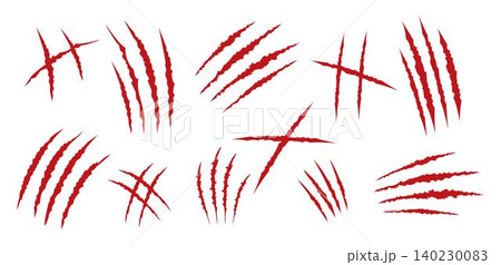 Set of red claws scratches animals. Four scratches shape. Wild animal claw marks. Funny design element 140230083