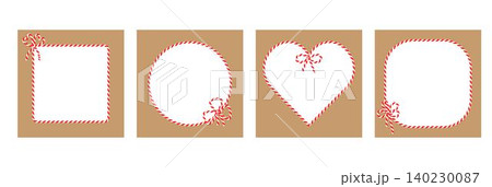 Set of square craft brown backgrounds with candy cane ribbon. Christmas packing string for decoration and present 140230087