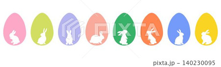 Set of white Easter bunny silhouettes inside colorful eggs Set of white Easter bunny silhouettes inside colorful eggs 140230095