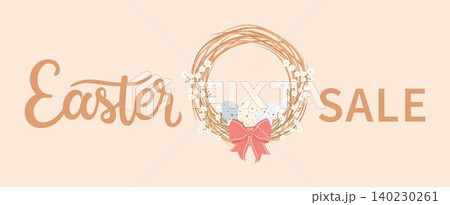 Decorative Easter wreath made of twigs willow with eggs and bow. Commercial banner for Easter holiday season shopping promotion and sale advertising 140230261