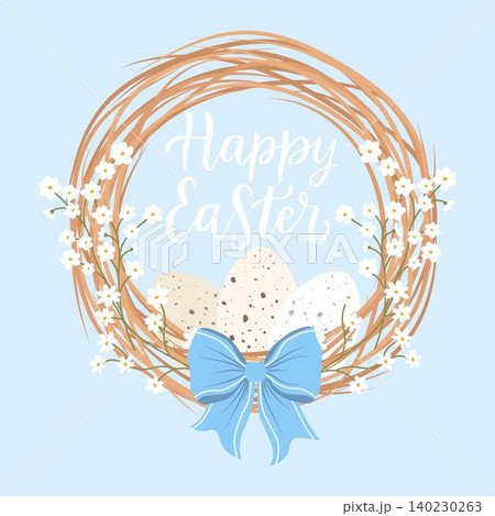 Decorative Easter wreath made of twigs willow with eggs and bow. Easter greeting card 140230263