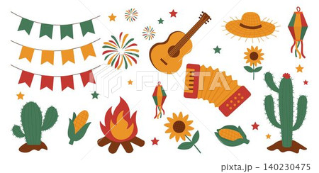 Festa Junina traditional elements with cactus, guitar, corn, fireworks and decorations. Ideal for June party design and celebration themes Festa Junina traditional elements with cactus, guitar, corn, fireworks and decorations. Ideal for June party design and celebration themes 140230475