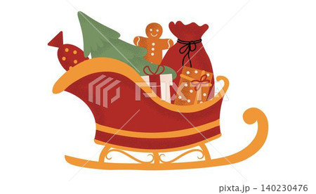 Festive Santa Claus Sleigh Filled with Presents. Traditional Christmas and New Year decoration Festive Santa Claus Sleigh Filled with Presents. Traditional Christmas and New Year decoration 140230476