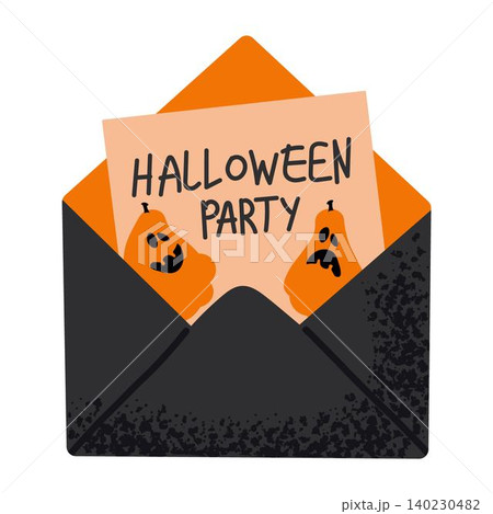 Halloween invitation card featuring in black envelope with pumpkins and bold Halloween Party lettering. Perfect for October party planning and seasonal designs Halloween invitation card featuring in black envelope with pumpkins and bold Halloween Party lettering. Perfect for October party planning and seasonal designs 140230482