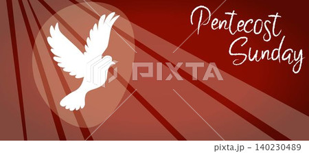 Illustration of a white dove with spread wings symbolizing the Holy Spirit, accompanied by the text Pentecost Sunday. Ideal for church events, religious posters, or Pentecost celebrations Illustration of a white dove with spread wings symbolizing the Holy Spirit, accompanied by the text Pentecost Sunday. Ideal for church events, religious posters, or Pentecost celebrations 140230489