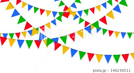 Red, green, yellow and blue flag garland. Triangle pennants chain. Festa Junina party decoration. Celebration flags for decor 140230511
