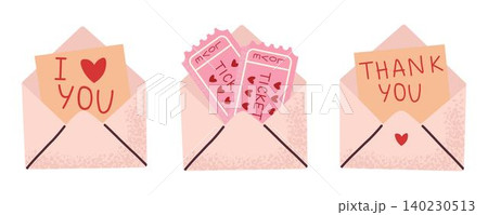 Romantic elements set. Envelopes with red heart, tickets and thank you notification. Message in love concep Romantic elements set. Envelopes with red heart, tickets and thank you notification. Message in love concep 140230513