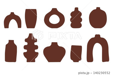 Set of abstract vase silhouettes in brown. Various modern, geometric pottery designs. Cozy home decor handmade boho 140230552