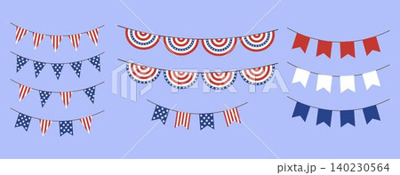 Set of patriotic bunting garlands in red, white, and blue.Includes various flag and pennant styles perfect for decorating Independence Day events and American holiday designs 140230564