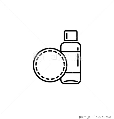 A clean outline icon featuring a cosmetic toner or lotion bottle next to a circular cotton pad. Designed for skincare routine guides, beauty blogs, and facial care instructions. 140230608