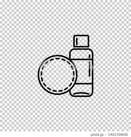 A clean outline icon featuring a cosmetic toner or lotion bottle next to a circular cotton pad. Designed for skincare routine guides, beauty blogs, and facial care instructions. A clean outline icon featuring a cosmetic toner or lotion bottle next to a circular cotton pad. Designed for skincare routine guides, beauty blogs, and facial care instructions. 140230608
