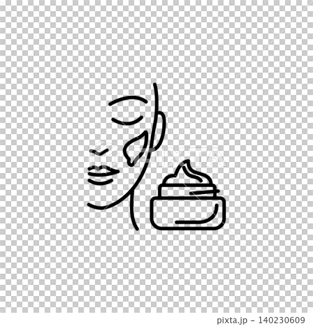 A modern line art icon showcasing a woman's facial profile next to an open moisturizer cream jar. Perfect for skincare routine infographics, hydration products, and spa treatments. A modern line art icon showcasing a woman's facial profile next to an open moisturizer cream jar. Perfect for skincare routine infographics, hydration products, and spa treatments. 140230609