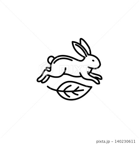 A charming line art icon of a jumping rabbit with a leaf underneath, symbolizing cruelty-free, vegan, and not tested on animals cosmetics. Great for ethical and natural beauty brands. A charming line art icon of a jumping rabbit with a leaf underneath, symbolizing cruelty-free, vegan, and not tested on animals cosmetics. Great for ethical and natural beauty brands. 140230611