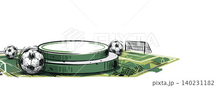 Blank round podium for placed product presentation at the middle of soccer field with soccer balls hand drawn childish style on white background have blank space. 140231182