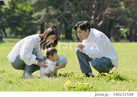 公園の芝生でくつろぐ若い夫婦と愛娘 140231598