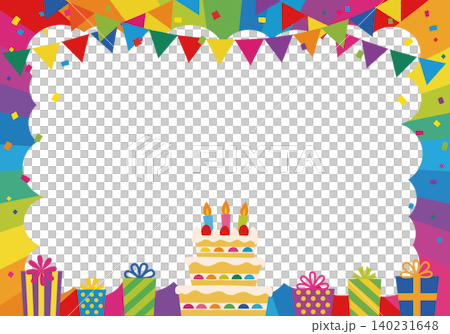 【ベクター】レインボーカラーの誕生日パーティー背景 フレーム付きバースデー素材 140231648
