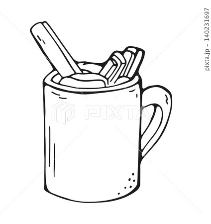 Hand drawn coffee mug with cream and cinnamon sticks doodle illustration 140231697