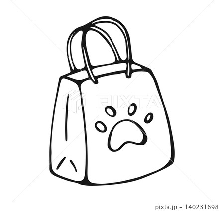 Hand drawn pet food bag with paw print doodle illustration Hand drawn pet food bag with paw print doodle illustration 140231698