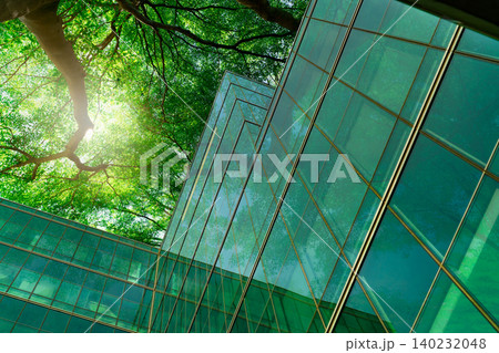 Eco-friendly building in the modern city. Green tree branches with leaves and sustainable glass building for reducing heat and carbon dioxide. Office building with green environment. Go green concept. Eco-friendly building in the modern city. Green tree branches with leaves and sustainable glass building for reducing heat and carbon dioxide. Office building with green environment. Go green concept. 140232048
