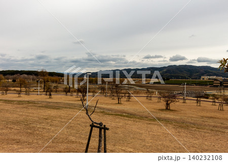 広大な公園の芝生広場と冬の山並みの風景(コピースペースあり) 広大な公園の芝生広場と冬の山並みの風景(コピースペースあり) 140232108