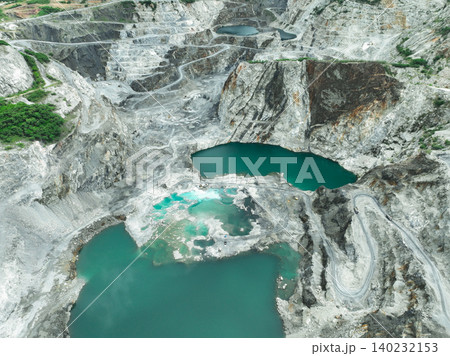 Open pit mine industry. Limestone quarry with backhoe and truck in operation. Heavy machinery in mining industry and construction material supply. Landscape of resource extraction in a industrial site Open pit mine industry. Limestone quarry with backhoe and truck in operation. Heavy machinery in mining industry and construction material supply. Landscape of resource extraction in a industrial site 140232153