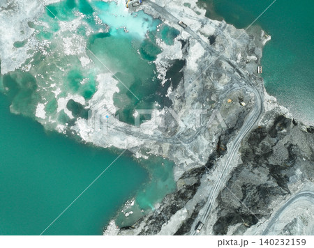 Open pit mine industry. Limestone quarry with backhoe and truck in operation. Heavy machinery in mining industry and construction material supply. Landscape of resource extraction in a industrial site 140232159