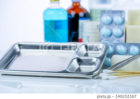 Medical equipment for treating infections. Wound care dressing set. Medical supplies for nurses. Conform bandage, forceps, cotton stick, alcohol. Sterile dressing materials. Healthcare equipment. Medical equipment for treating infections. Wound care dressing set. Medical supplies for nurses. Conform bandage, forceps, cotton stick, alcohol. Sterile dressing materials. Healthcare equipment. 140232167