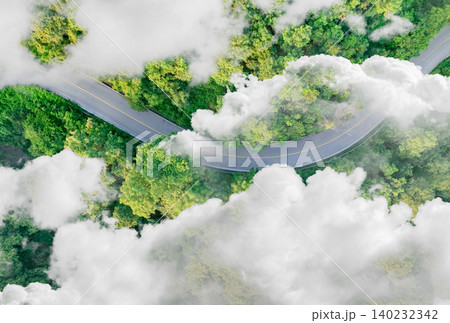 Aerial view of dense green trees in forest capture CO2 and curve highway road. Green trees background for carbon neutrality and net zero emissions concept. Sustainable green environment. Carbon credit 140232342