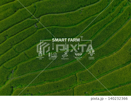 Smart farm technology meets agricultural expertise. Precision livestock management and agriculture drones enhance productivity. Modern farming practices. Innovation in sustainable agriculture. 140232366