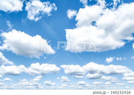 Beautiful blue sky and white cumulus clouds abstract background. Cloudscape background. Blue sky and fluffy white clouds on sunny days. Blue sky and daylight. World Ozone Day. Ozone layer. Summer sky. Beautiful blue sky and white cumulus clouds abstract background. Cloudscape background. Blue sky and fluffy white clouds on sunny days. Blue sky and daylight. World Ozone Day. Ozone layer. Summer sky. 140232416