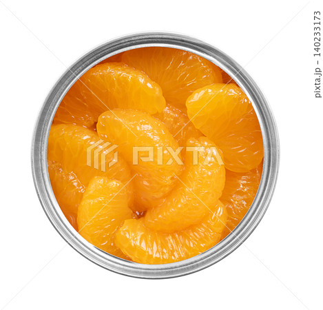 Canned mandarin oranges, in a tin can. Peeled, seedless and whole segments, packed in light sugar syrup. Ripe, bright orange, small and rounded fruits of Citrus reticulata. Isolated, from above. Photo Canned mandarin oranges, in a tin can. Peeled, seedless and whole segments, packed in light sugar syrup. Ripe, bright orange, small and rounded fruits of Citrus reticulata. Isolated, from above. Photo 140233173
