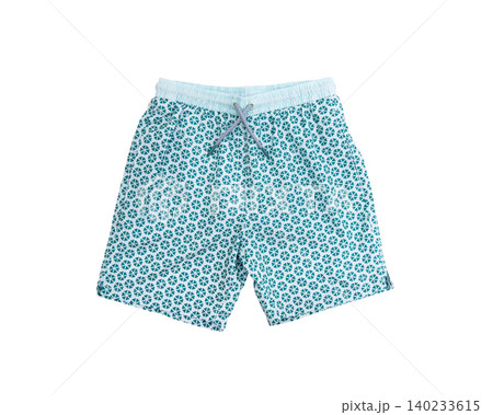 Men's turquoise with white dots swimming trunks isolated on white background. Front view. Ghost mannequin photography. Men's turquoise with white dots swimming trunks isolated on white background. Front view. Ghost mannequin photography. 140233615