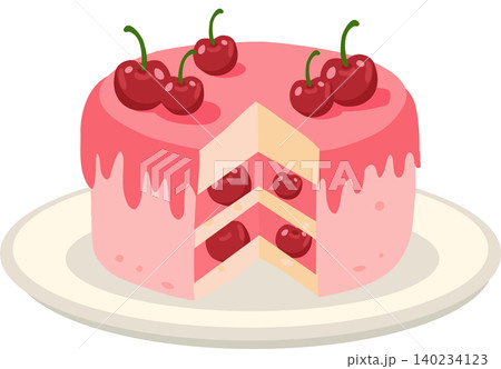 Cherry cake illustration with pink icing and cherries on top for bakery, dessert, birthday, party, layered cake, sweet treat, festive food, homemade confectionery, dessert design 140234123